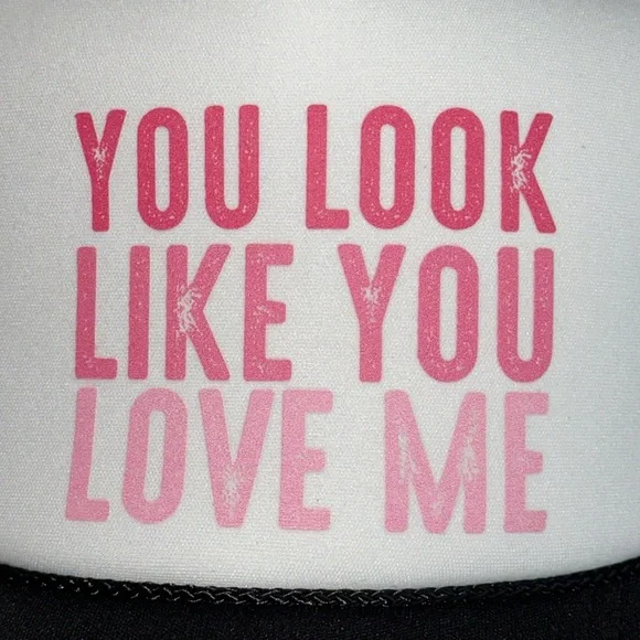 You look like you love me Trucker Hat Country Music Song Theme Pink Black White - Picture 3 of 14